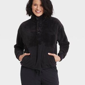All in Motion Black Women's Snap Front Cozy Sherpa Pullover Sweatshirt - M